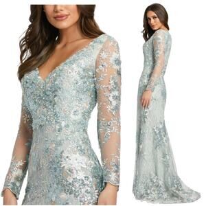 Mac Duggal 67539 Sea Mist Embellished Illusion V Neck Long Sleeve Gown 14 $698